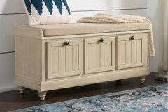 Antique White Hemmer Upholstered Flip Top Storage Bench Pulling Double Duty as a Sitting and Storage Area, The Handy Storage Bench