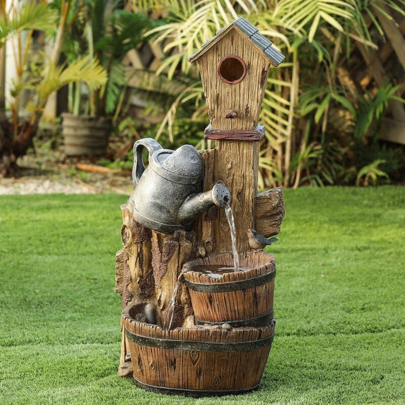 Resin Bird House Post and Water Can Patio Fountain Give your Garden or Patio A Rustic Touch with this Farmhouse Themed Outdoor Fountain