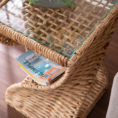 Glass Floor Shelf End Table Natural Fibers Craft A Unique, Twisted Base While Two Small Shelves Conveniently Hold Magazines Or The TV Remote