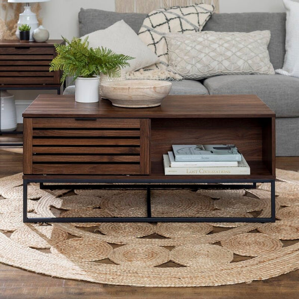 Dark Walnut Sled Coffee Table with Storage Two Open Compartments for Easy Access Organization Piece for your Living Room