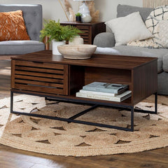 Dark Walnut Sled Coffee Table with Storage Two Open Compartments for Easy Access Organization Piece for your Living Room