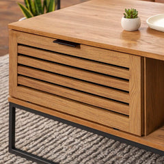 English Oak Sled Coffee Table with Storage Two Open Compartments for Easy Access Organization Piece for your Living Room