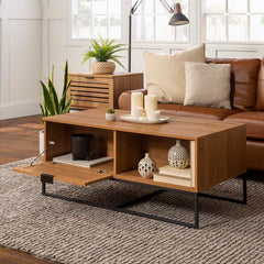 English Oak Sled Coffee Table with Storage Two Open Compartments for Easy Access Organization Piece for your Living Room