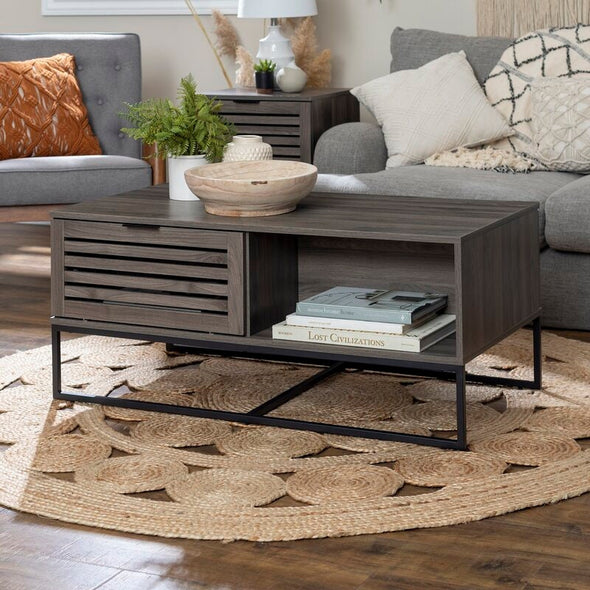 Slate Gray Sled Coffee Table with Storage Two Open Compartments for Easy Access Organization Piece for your Living Room