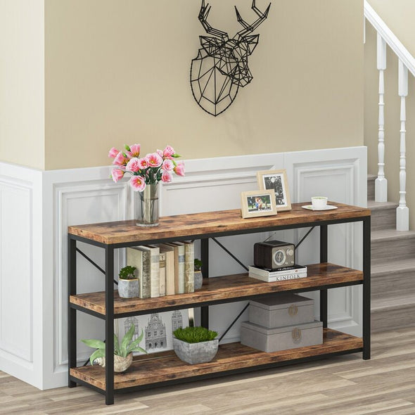 Brown Solid Wood Console Table for Any Entry Hall. Finished Pine Beautifully Highlights Two Woven Rattan Pull-Out Baskets