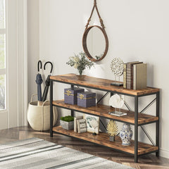 Brown Solid Wood Console Table for Any Entry Hall. Finished Pine Beautifully Highlights Two Woven Rattan Pull-Out Baskets