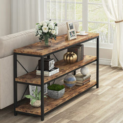 Brown Solid Wood Console Table for Any Entry Hall. Finished Pine Beautifully Highlights Two Woven Rattan Pull-Out Baskets