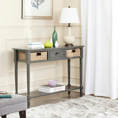 Gray Solid Wood Console Table for Any Entry Hall. Finished Pine Beautifully Highlights Two Woven Rattan Pull-Out Baskets