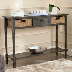 Gray Solid Wood Console Table for Any Entry Hall. Finished Pine Beautifully Highlights Two Woven Rattan Pull-Out Baskets