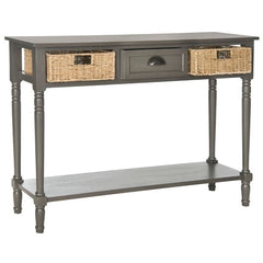 Gray Solid Wood Console Table for Any Entry Hall. Finished Pine Beautifully Highlights Two Woven Rattan Pull-Out Baskets