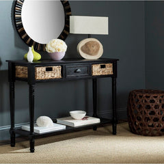 Distressed Black Solid Wood Console Table for Any Entry Hall. Finished Pine Beautifully Highlights Two Woven Rattan Pull-Out Baskets