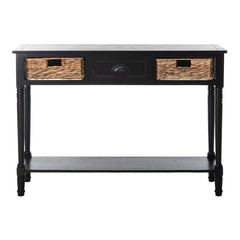 Distressed Black Solid Wood Console Table for Any Entry Hall. Finished Pine Beautifully Highlights Two Woven Rattan Pull-Out Baskets