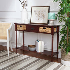 Dark Cherry Solid Wood Console Table for Any Entry Hall. Finished Pine Beautifully Highlights Two Woven Rattan Pull-Out Baskets