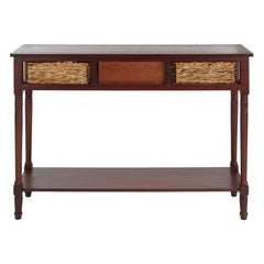 Dark Cherry Solid Wood Console Table for Any Entry Hall. Finished Pine Beautifully Highlights Two Woven Rattan Pull-Out Baskets