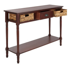 Dark Cherry Solid Wood Console Table for Any Entry Hall. Finished Pine Beautifully Highlights Two Woven Rattan Pull-Out Baskets