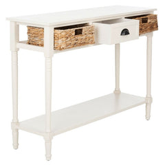 Distressed White Solid Wood Console Table for Any Entry Hall. Finished Pine Beautifully Highlights Two Woven Rattan Pull-Out Baskets