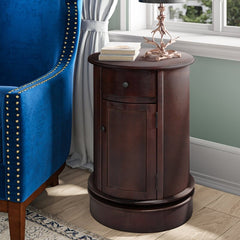 Dark Cherry Drum End Table with Storage Accent Table Redefines Rustic Farmhouse Charm for Today's Classic Contemporary Décor