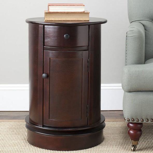 Dark Cherry Drum End Table with Storage Accent Table Redefines Rustic Farmhouse Charm for Today's Classic Contemporary Décor