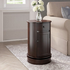 Dark Cherry Drum End Table with Storage Accent Table Redefines Rustic Farmhouse Charm for Today's Classic Contemporary Décor