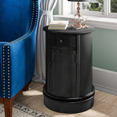 Distressed Black Drum End Table with Storage Accent Table Redefines Rustic Farmhouse Charm for Today's Classic Contemporary Décor