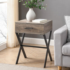 Gray Wash Cross Legs End Table with Storage Tuck Away your Favorite in Its Single Drawer Or Purchase Two To Frame your Comfiest Armchair