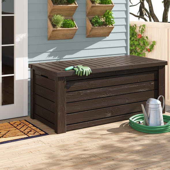 Dark Brown 150 Gallons Gallon Water Resistant Lockable Deck Box Bring Style, Storage Comfort and Convenience to your Deck, Patio or Poolside