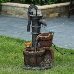 Resin Fountain Give your Garden Or Patio A Whimsical Touch With The Rustic Water Pump, and Two Birds Perched on the Pots