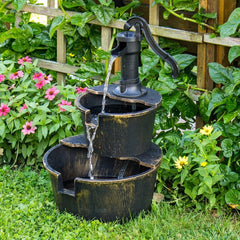 Resin 2-Tier Barrel Fountain Addition to your Backyard Allows Water To Stream Its Way Down from the Old-Fashioned Pump Handle