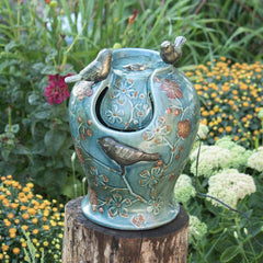 Ceramic Verdigris Songbird Fountain Light These Songbirds Dance Along The Edge of the Light Fountain with Accents Of Flowers