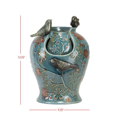 Ceramic Verdigris Songbird Fountain Light These Songbirds Dance Along The Edge of the Light Fountain with Accents Of Flowers