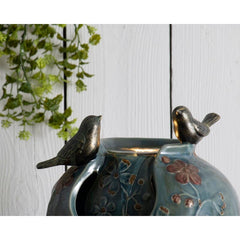 Ceramic Verdigris Songbird Fountain Light These Songbirds Dance Along The Edge of the Light Fountain with Accents Of Flowers