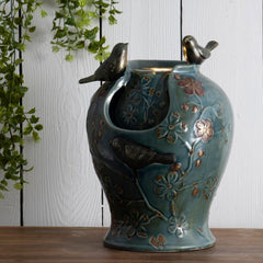 Ceramic Verdigris Songbird Fountain Light These Songbirds Dance Along The Edge of the Light Fountain with Accents Of Flowers