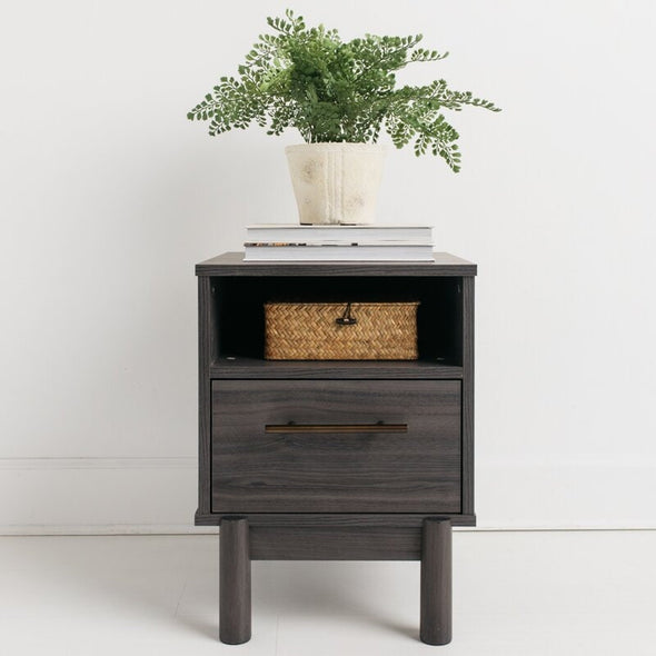 1 - Drawer Nightstand in Warm Gray Creates A Modern Sense of Harmony in your Room Goldtone Handles Add An Authentically Modern Touch