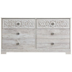 6 Drawer Double Dresser Perfect for A Restful Bedroom Retreat. Tastefully Edited Lines and Medallion Drawer Pulls Give This Attractively