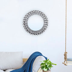 Round Jeweled Accent Mirror Add Glam Style to your Abode with this Round, Jeweled Accent Mirror. Dimensional Layers of Crystal Clear Beads