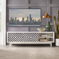 White/Black Altermease Solid Wood Tv Stand with Cable Management Geometric Design