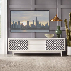 White/Black Altermease Solid Wood Tv Stand with Cable Management Geometric Design