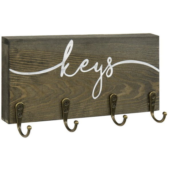 Wall Key Organizer Wall-Mounted Rustic Gray Wood Key Hook Rack with 4 Hanging Hooks