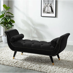 Black Upholstered Bench Elegant and Stylish Arm Bench with Upholstered Velvet and Nailhead Trim with 2 Small Pillows