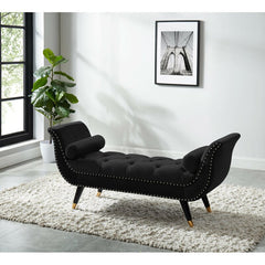 Black Upholstered Bench Elegant and Stylish Arm Bench with Upholstered Velvet and Nailhead Trim with 2 Small Pillows