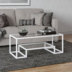 Hand-Crafted Geometric Coffee Table - 45" White Rectangular Accent Table Combines A Chic Metallic Finish