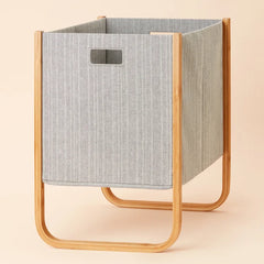 Gray Bamboo Folding Laundry Basket Tweed Fabric and Recyclable Cardboard with a Durable Bamboo Frame