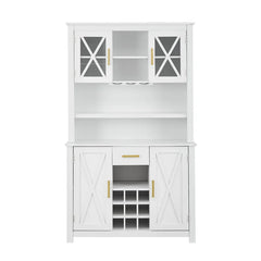 Solid Wood White Bar Cabinet Adjustable Shelves 9 Wine Rack Bottles