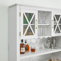 Solid Wood White Bar Cabinet Adjustable Shelves 9 Wine Rack Bottles