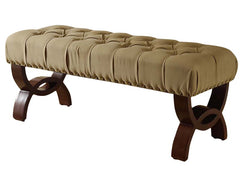 Upholstered Bench Antique Gold Nailhead Trim Upholstered in Button Tufted Tan Fabric Decorative and Functional item to Use Throughout Out the Home