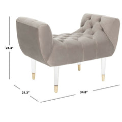 Upholstered Bench Acrylic Legs with Brass Capped Feet Velvet Upholstery with Tufting