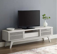 Espoo Mid-century Modern TV Stand - White Two Slatted Sliding Doors, A Center Drawer, and Open Shelf for Easy Organization