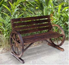 Rustic Outdoor Patio Wagon Wheel Wooden Bench Chair, for your Garden, Patio, or Entryway