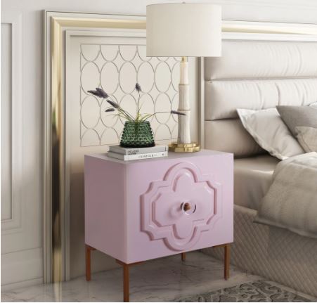 Pink Lacquer Side Table Carved Door, Lucite Knob, and Brass Legs Perfect for Organize