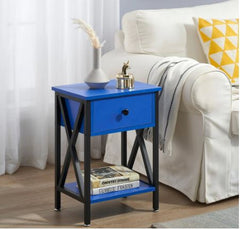 1-Drawer Modern Nightstands X-Design with Storage Shelf - Dark Blue